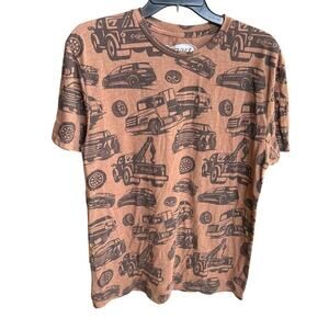 Copart all-over print tee cars, trucks, tow auto promotional apparel brown  sz L